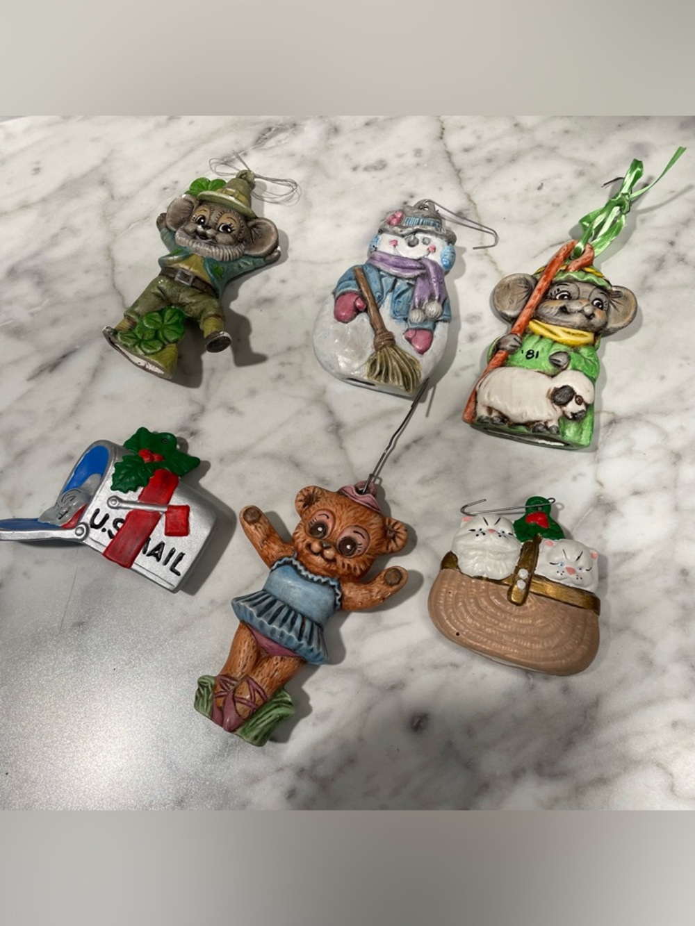 Vintage 1980s Ceramic Christmas Ornaments Lot Handmade Holiday Decor Retro Set